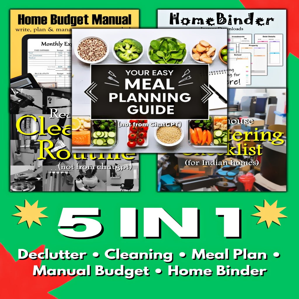 5-in-1 Home Management Bundle (PDF) | Meal Planing guide, Cleaning Routine, Home Binder, Whole House Declutter Guide & Budget Planner