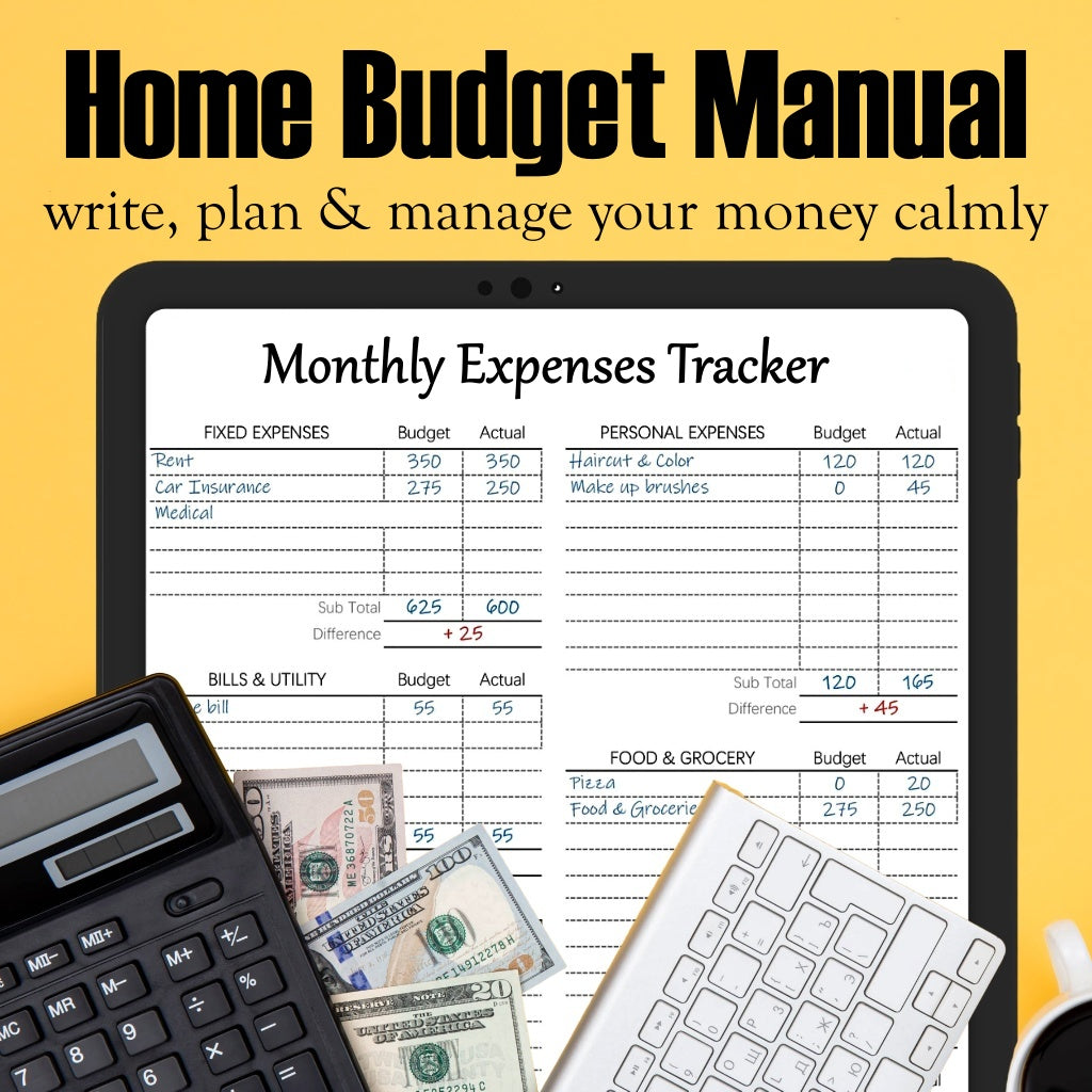 Manual Home Budget Planner (12 pages) PDF| 30-Day Expense Tracker, Income, Expense, Debt & Savings Tracker